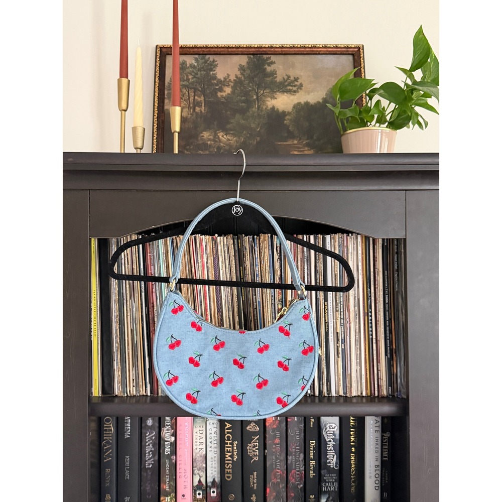 Betsey Johnson Cherry Print Denim Shoulder Bag OS Blue Embroidered Hobo Purse